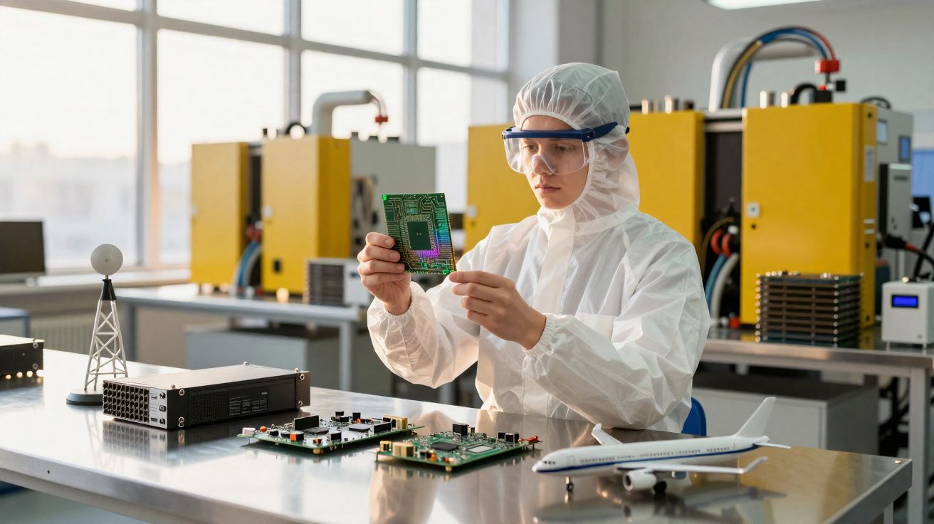 Técnico em sala limpa a inspecionar uma placa eletrónica numa mesa com componentes e modelo de avião.
