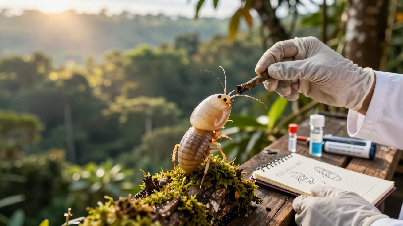 Inseto grande sobre tronco com musgo sendo observado por cientista que usa luvas brancas e notas de estudo.