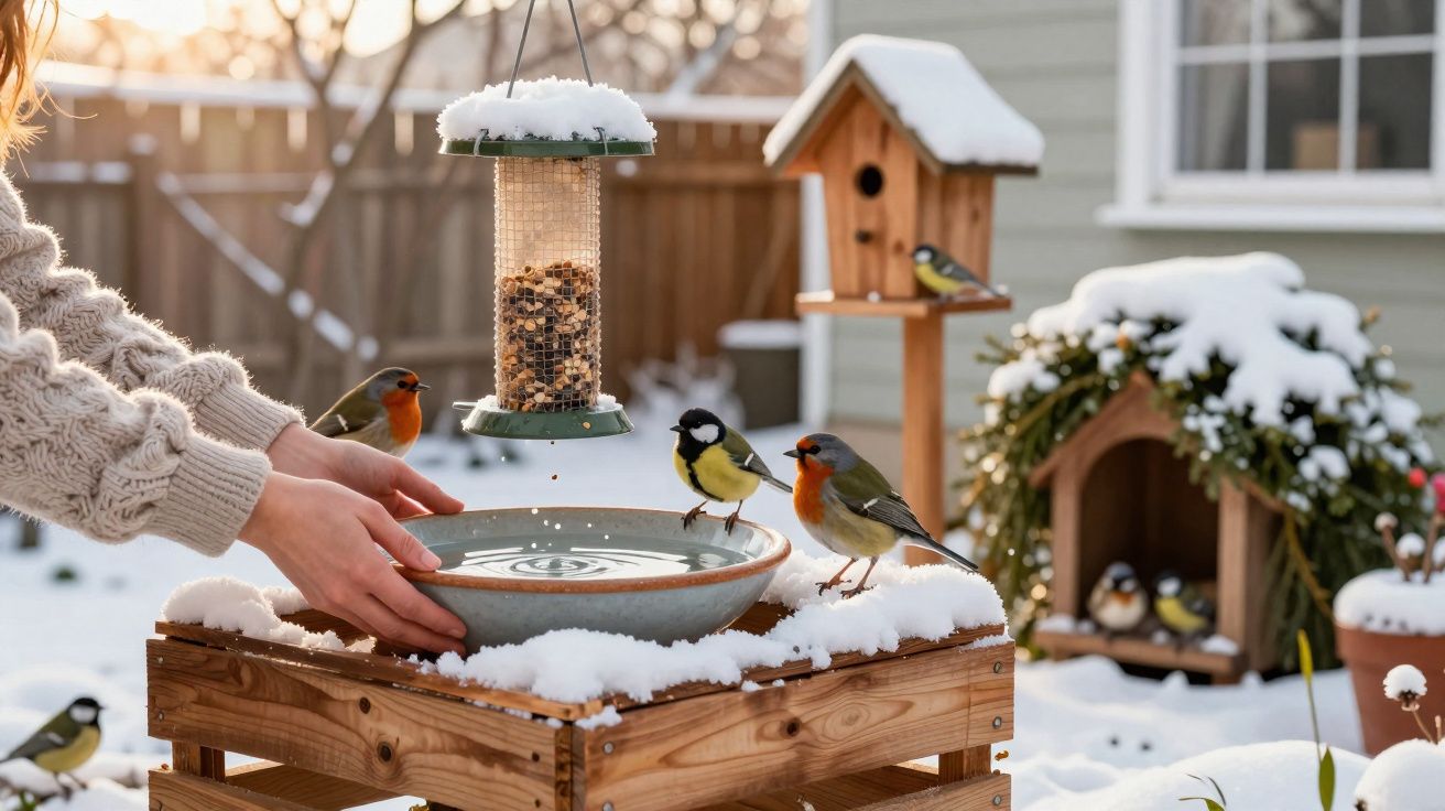 Mãos a colocar um prato de água para pássaros num suporte de madeira coberto de neve num jardim de inverno.