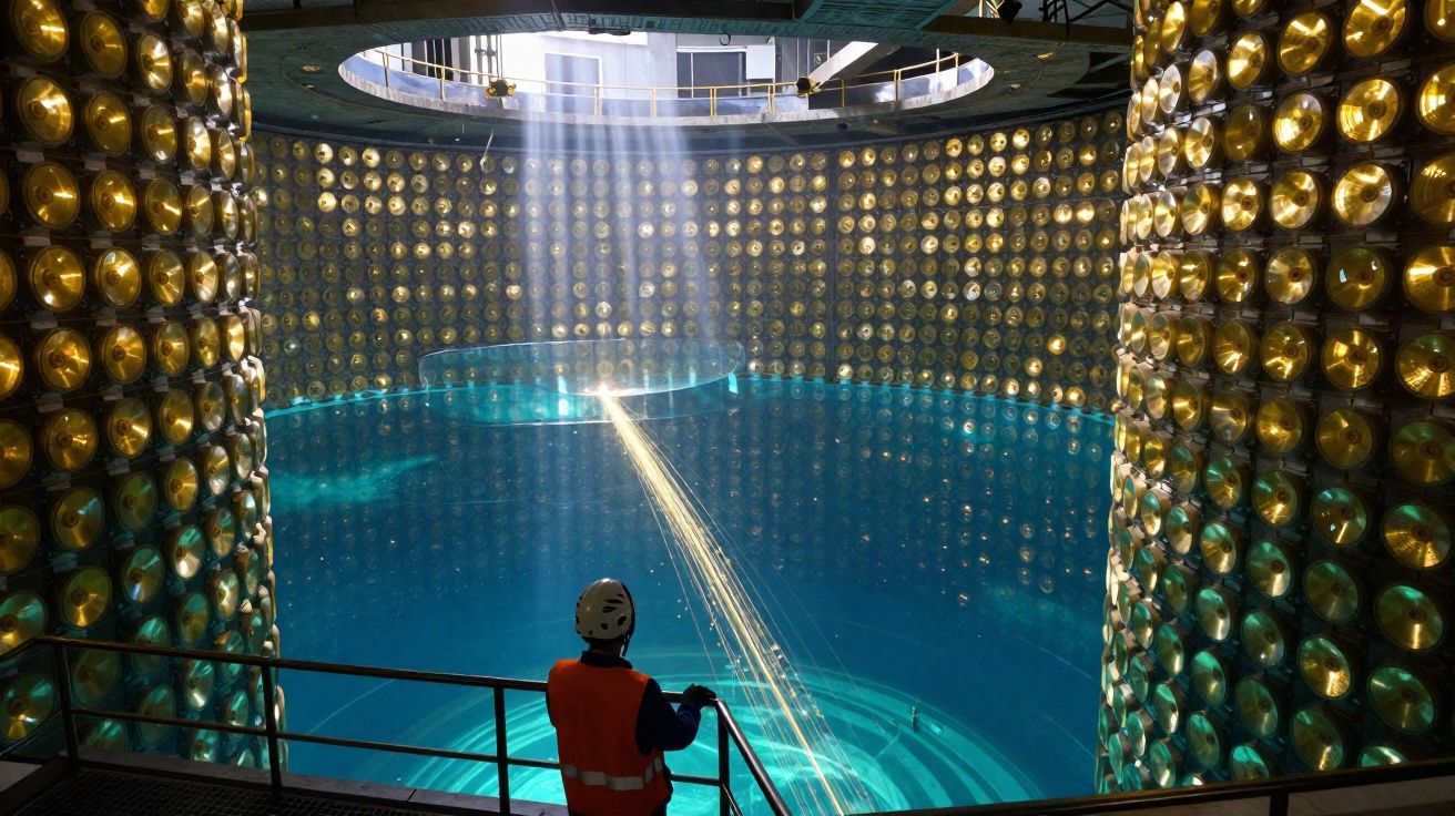 Interior de grande tanque circular com luzes douradas na parede e um técnico de capacete e colete observando.