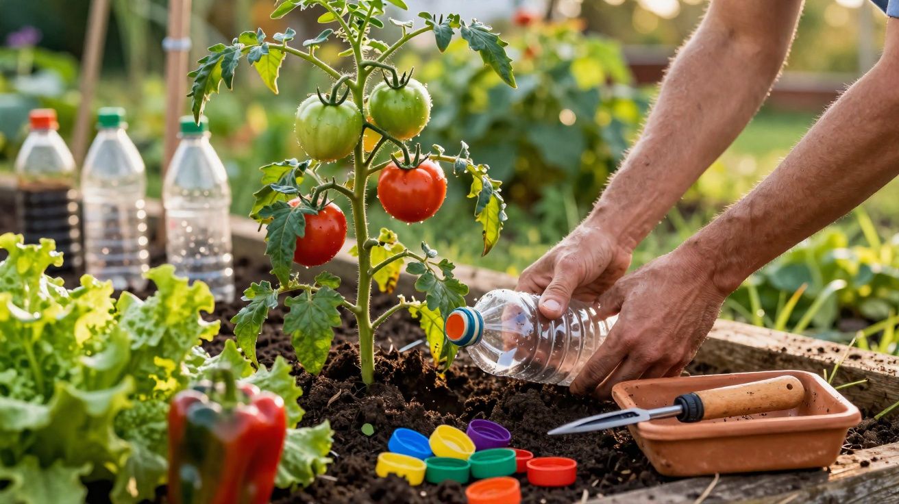 Pessoa a regar planta de tomateiro num jardim com hortaliças e tampas coloridas na terra.