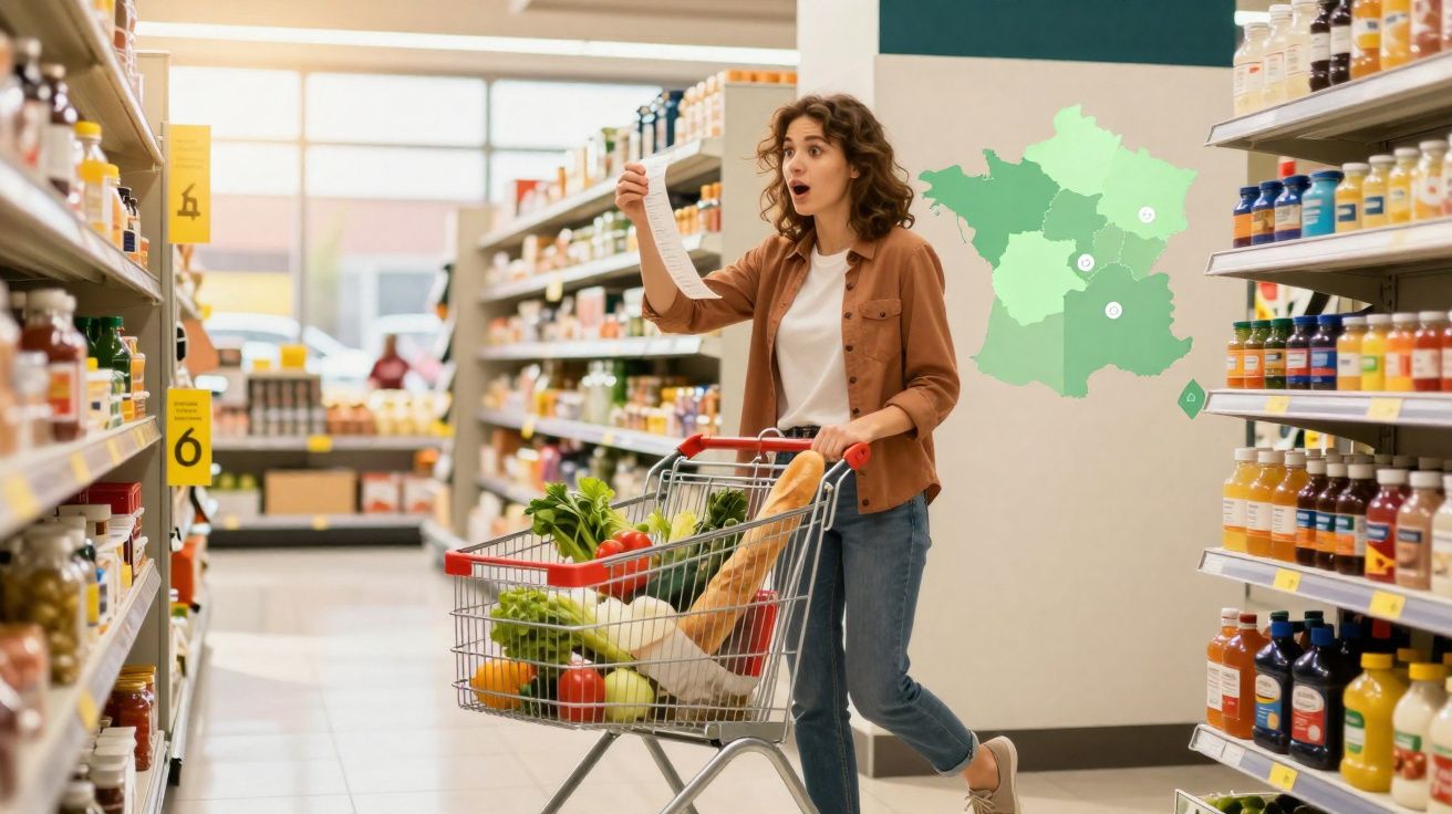 Mulher surpresa no supermercado a olhar para o talão de compras com carrinho cheio de frutas, legumes e pão.