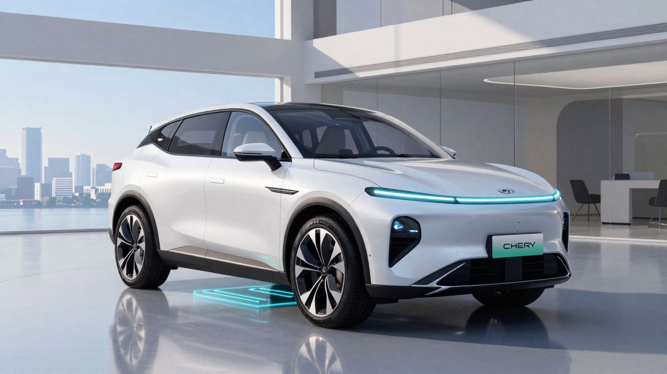 Carro elétrico branco moderno estacionado em espaço interior com janelas amplas e vista para cidade.