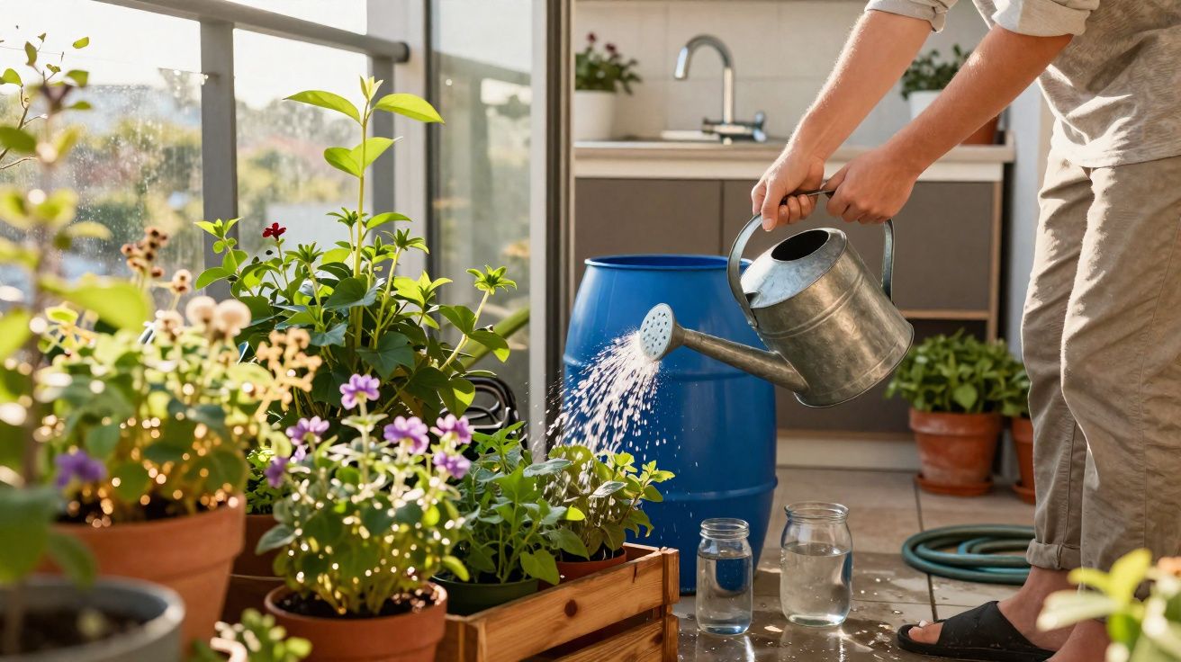 Pessoa a regar plantas num terraço com regador de metal ao pôr do sol.