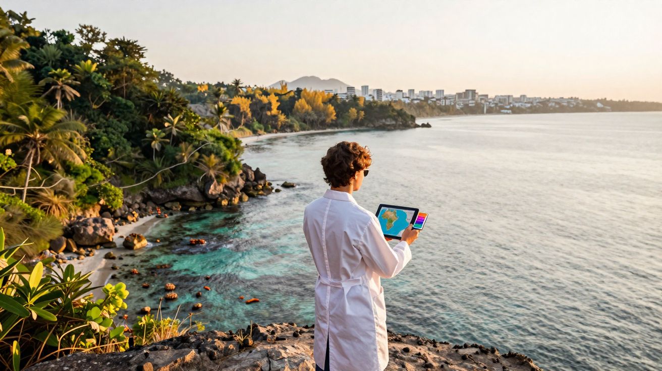 Pessoa com bata branca usa tablet junto a falésia com vista para o mar e vegetação densa ao entardecer.