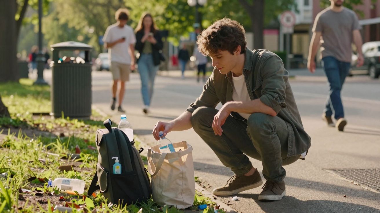 Rapaz a apanhar lixo numa bolsa na rua com pessoas a passar ao fundo num dia soalheiro.