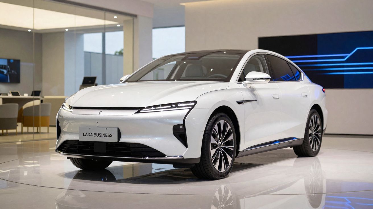 Carro elétrico branco Lada Business exposto em showroom moderno com piso brilhante e paredes claras.