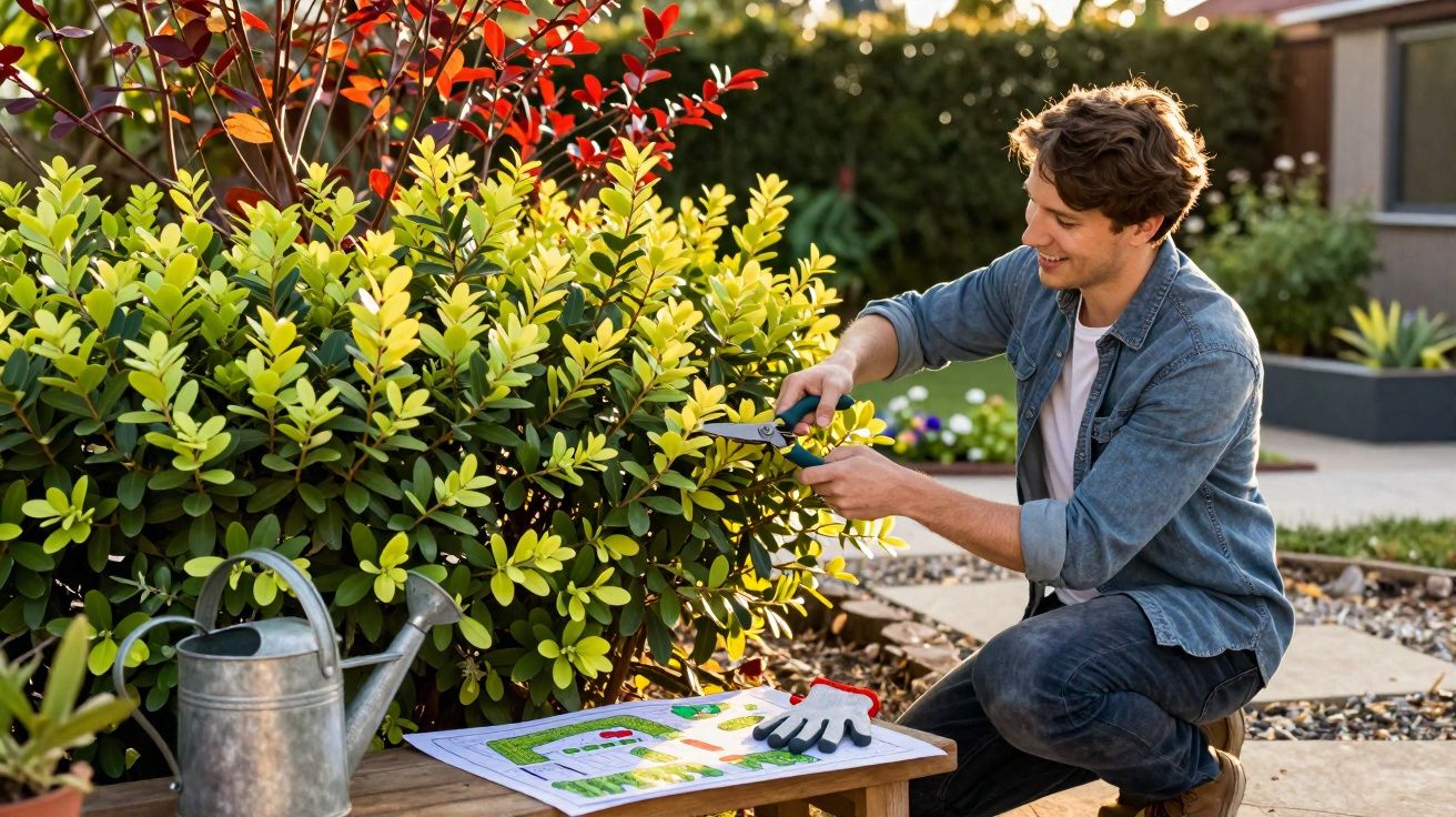 Homem a podar arbusto num jardim, com regador e luvas sobre banco de madeira.