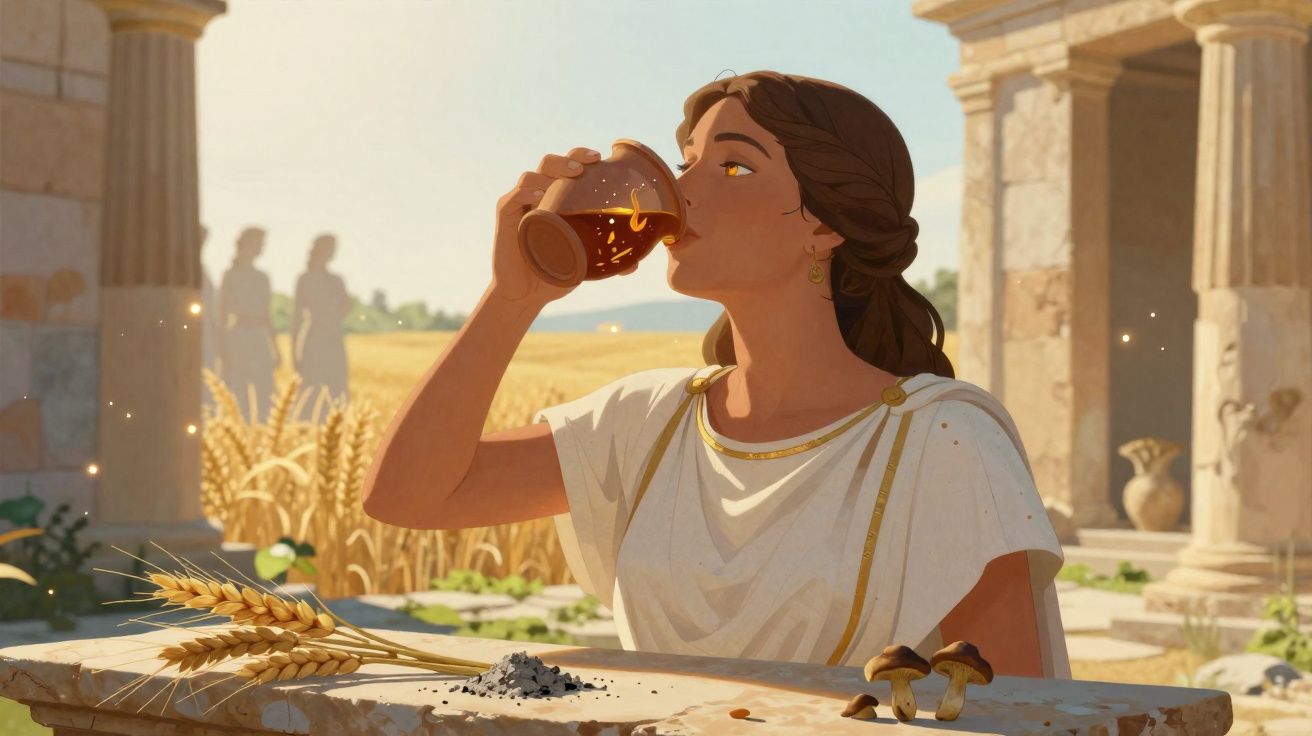 Mulher antiga a beber de um copo em templo com colheita e colunas clássicas ao fundo.
