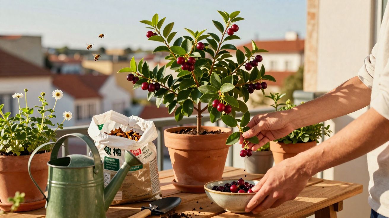 Pessoa colhe frutos vermelhos de planta em vaso num jardim urbano com ferramentas de jardinagem na mesa.