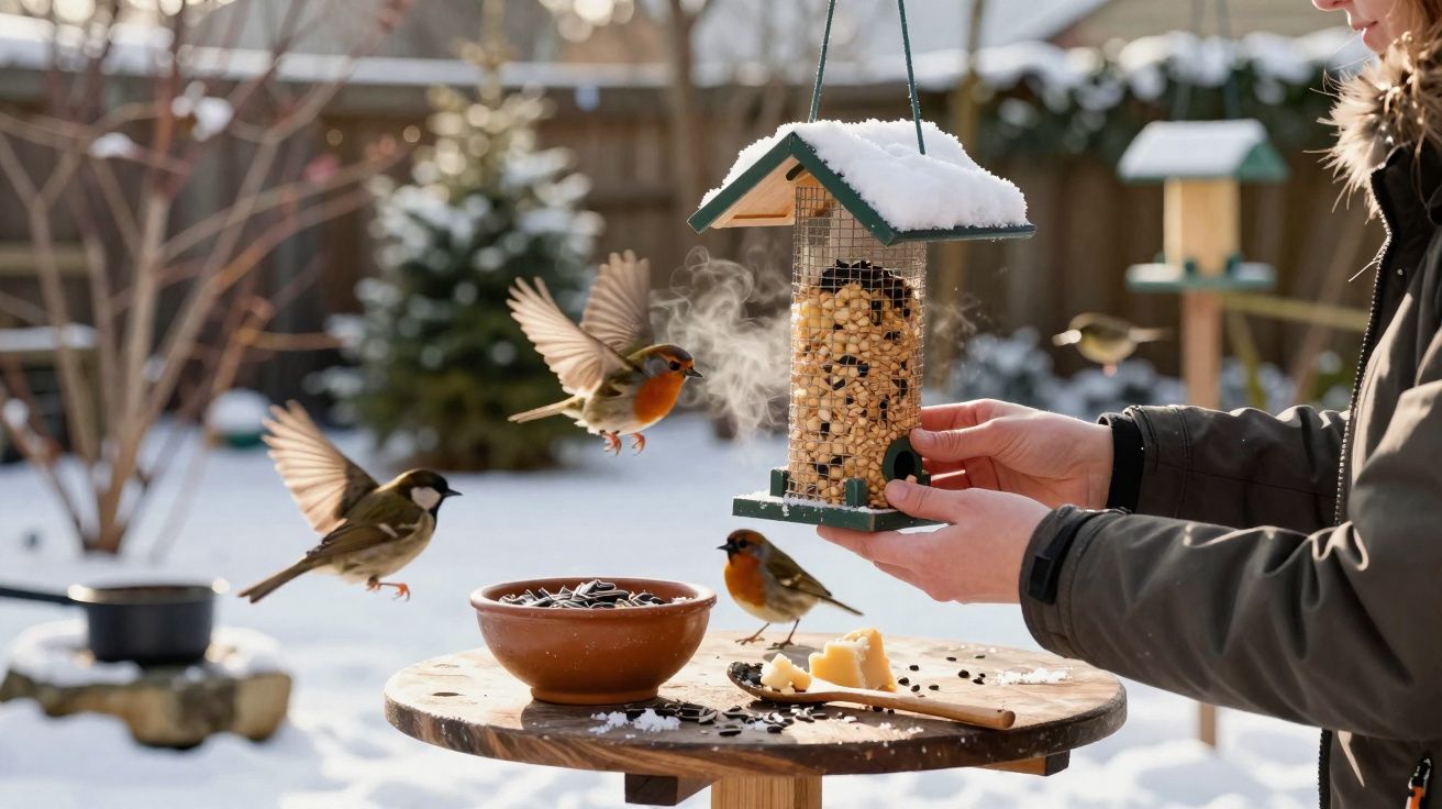 Pessoa a alimentar pássaros num comedouro de inverno com neve, perto de uma mesa de madeira com sementes e queijo.