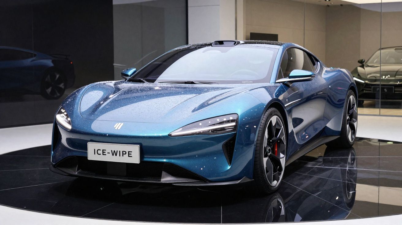 Carro desportivo azul metálico ICE-WIPE em exposição num salão modernista.