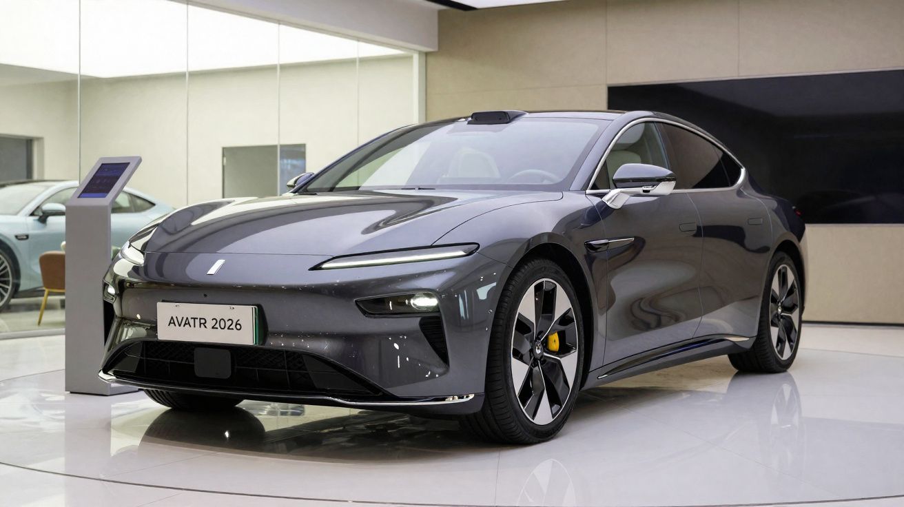 Carro elétrico cinzento Avatr 2026 em exposição num salão moderno e iluminado.
