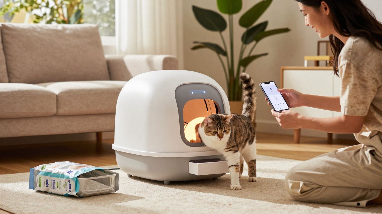 Mulher controla casa de banho para gato automática com smartphone enquanto o gato sai dela em casa.