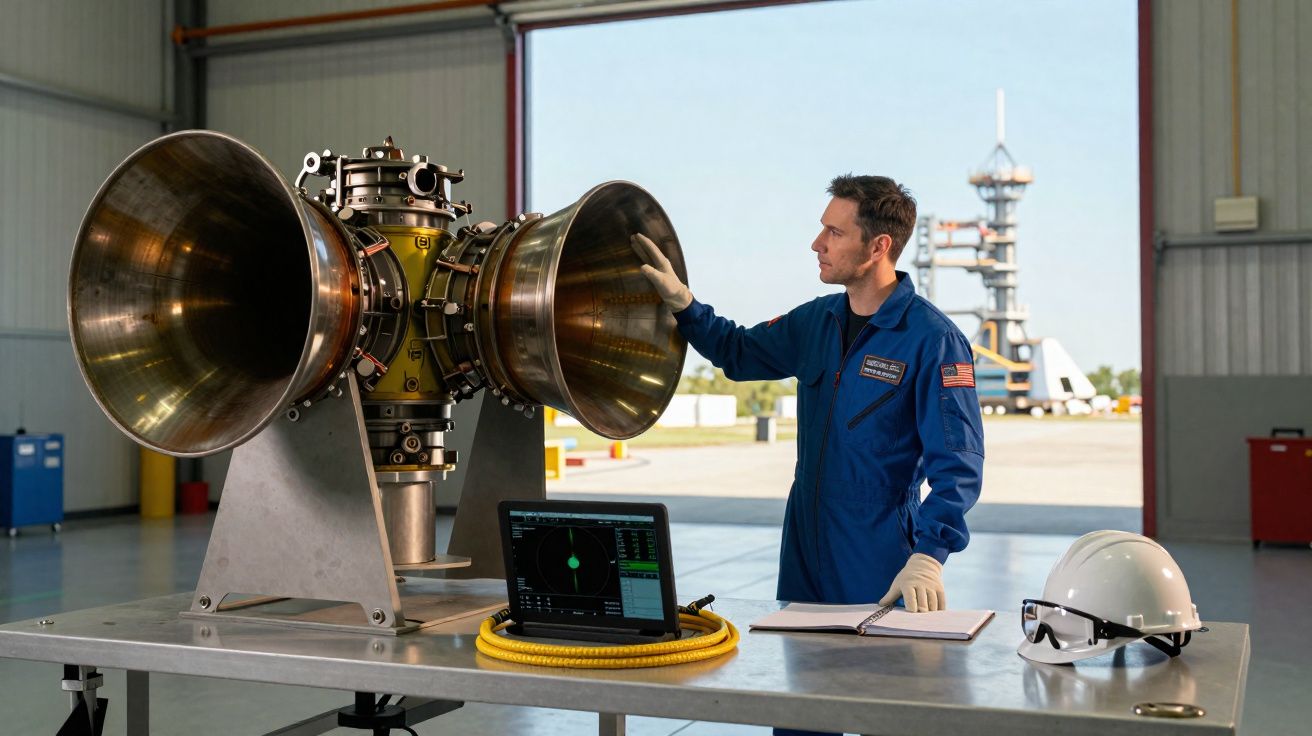 Engenheiro em fato azul inspeciona motor de foguete em hangar com capacete e óculos de proteção na mesa.