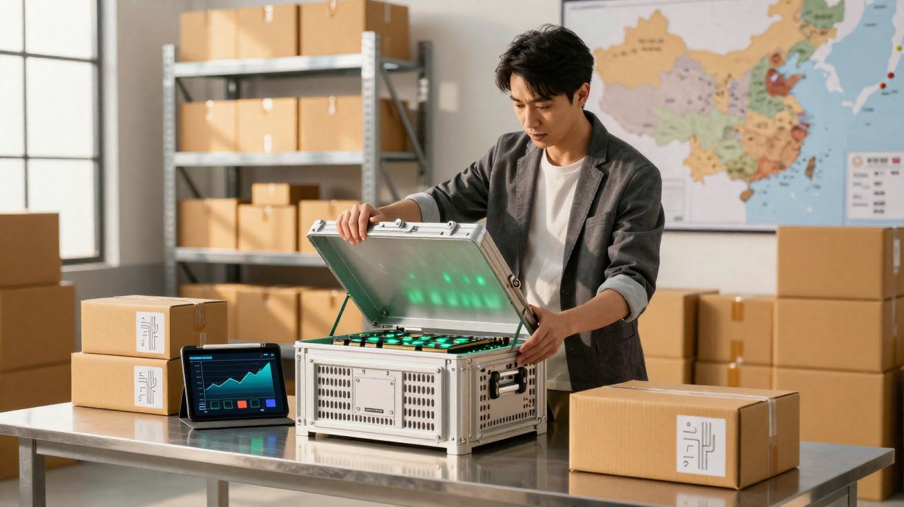 Homem a abrir caixa tecnológica num armazém com múltiplas caixas de papelão e um tablet com gráfico na mesa.