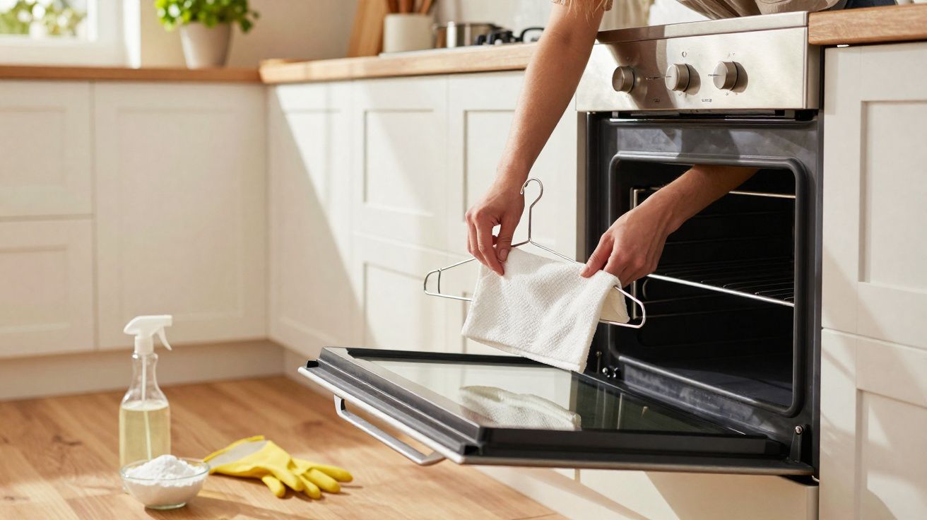 Pessoa a limpar o interior do forno com um pano pendurado num cabide numa cozinha moderna.