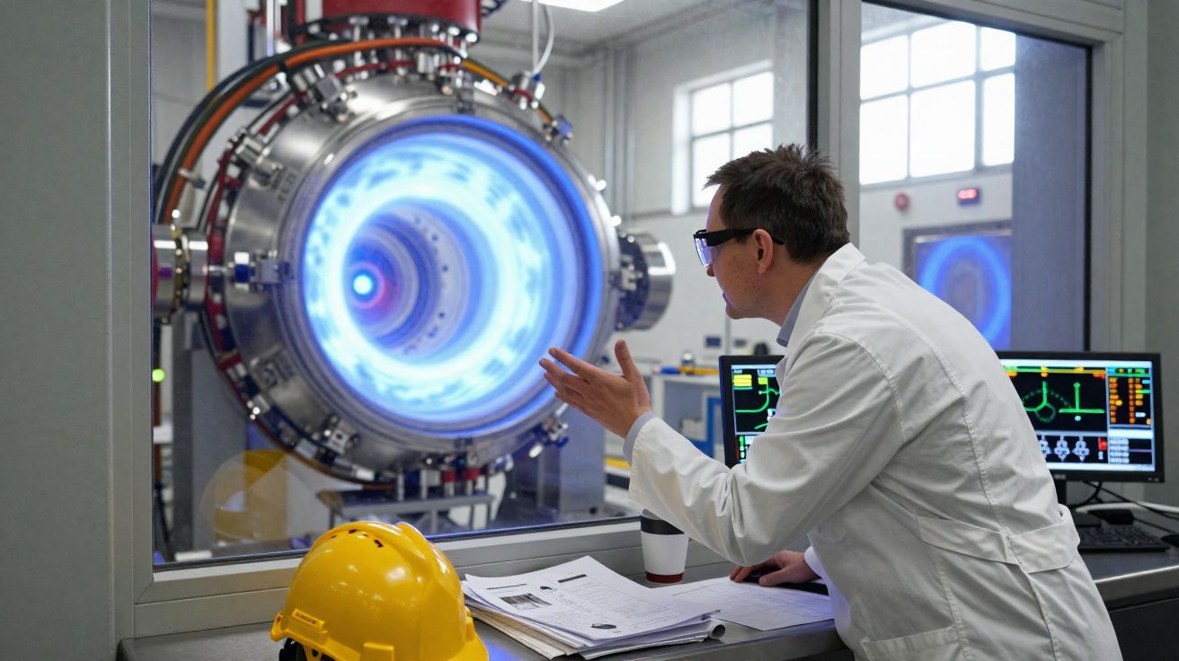 Cientista observa equipamento tecnológico grande com luz azul dentro de laboratório moderno.