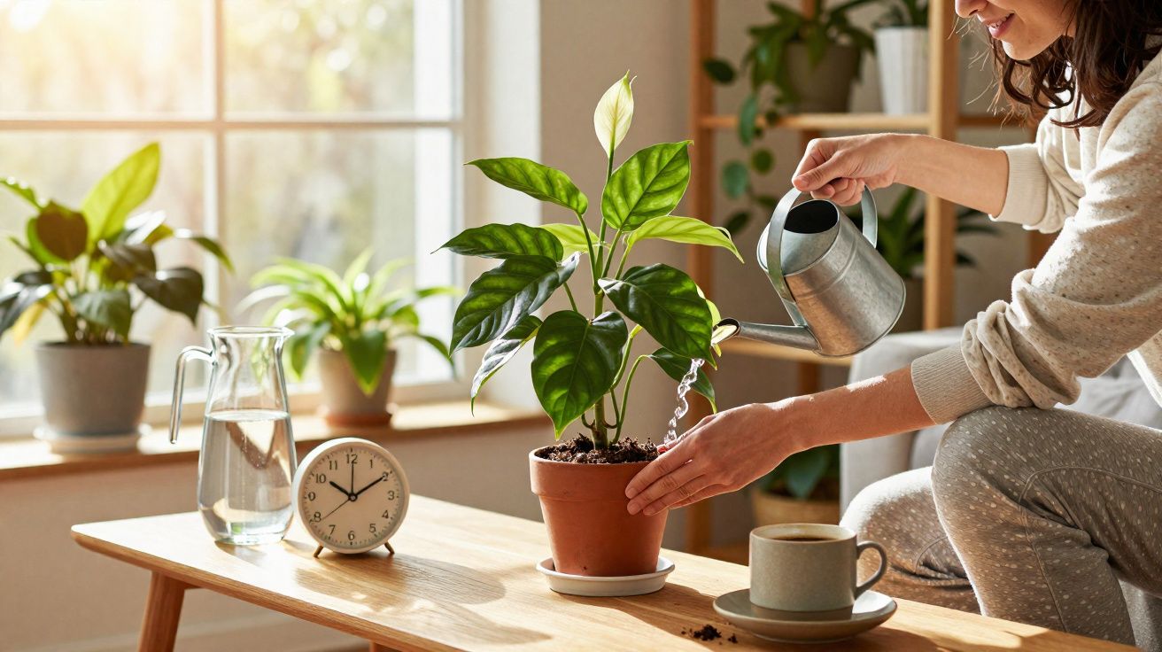 Mulher rega planta em vaso na mesa junto a jarro, relógio e chávena, com luz natural a entrar pela janela.