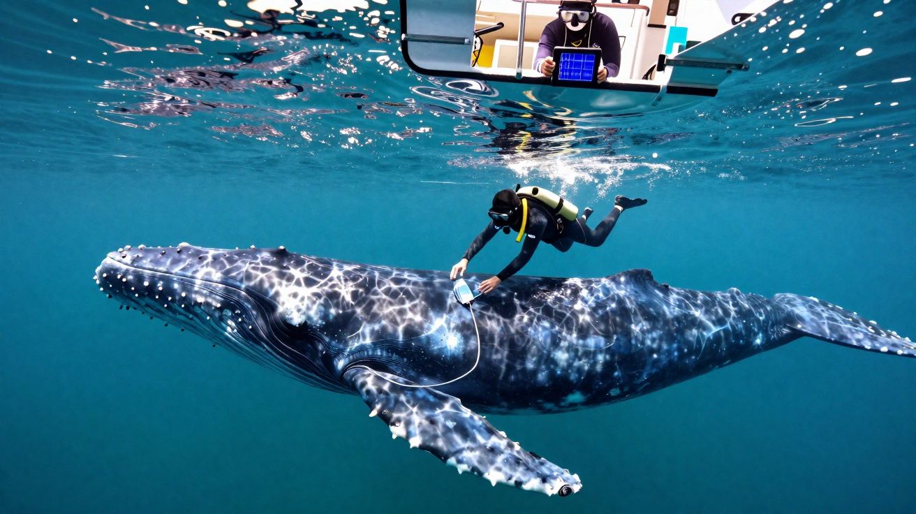 Mergulhador a examinar uma baleia subaquática perto da superfície, com barco visível acima da água.
