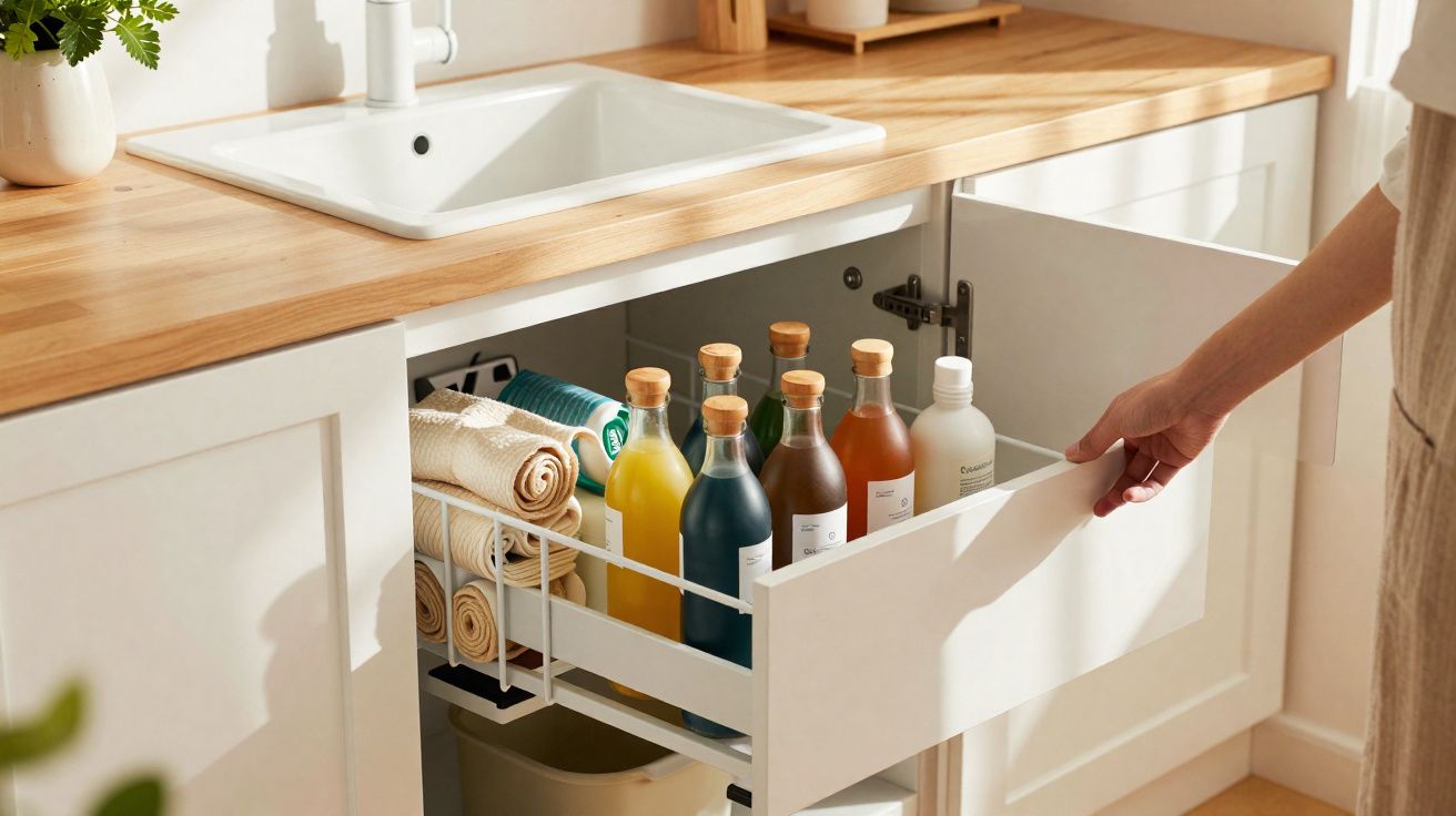 Gaveta aberta em cozinha clara com várias garrafas coloridas e toalhas enroladas organizadas abaixo da pia.
