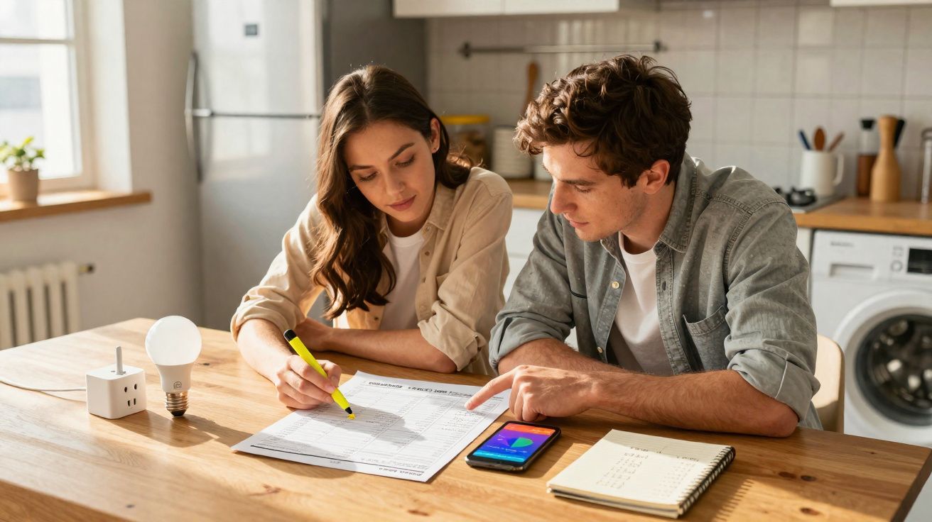 Casal jovem sentado à mesa da cozinha a analisar documentos e gráficos num smartphone com luz e caderno.