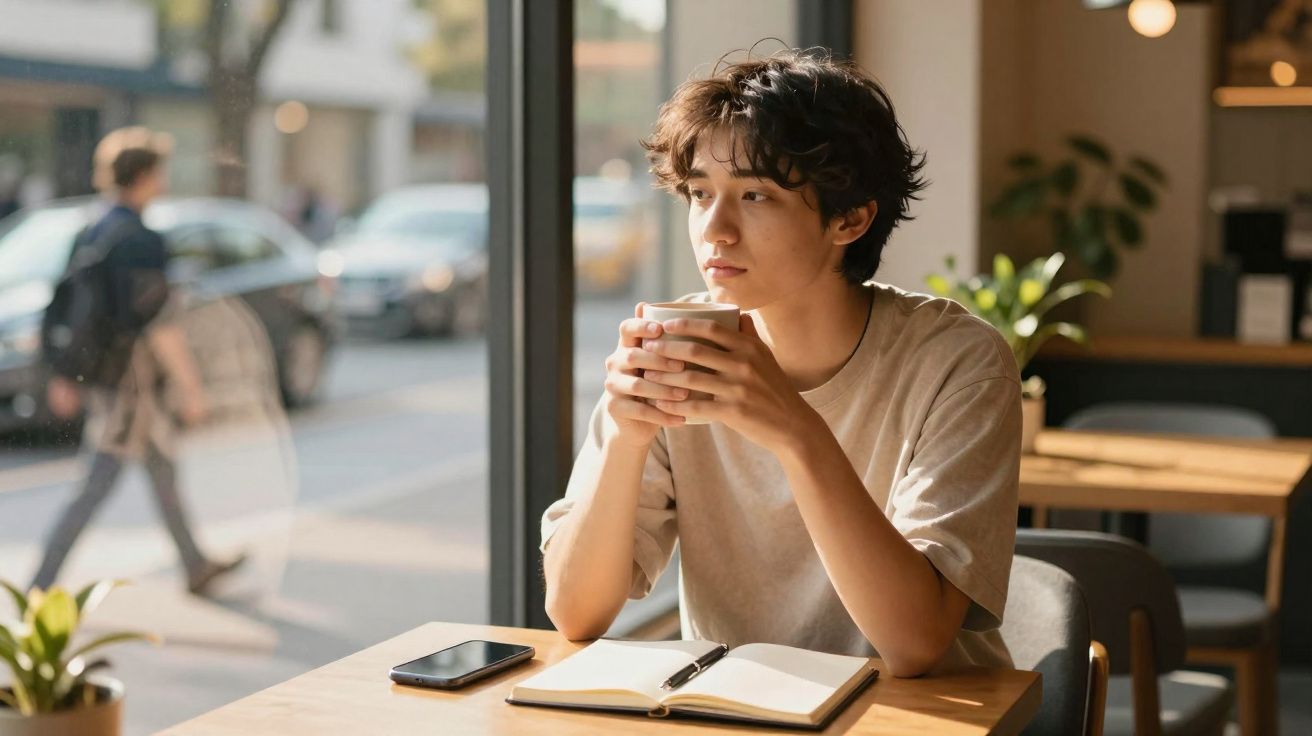 Jovem sentado à mesa com chá, olhando pela janela, com caderno e telemóvel à sua frente.
