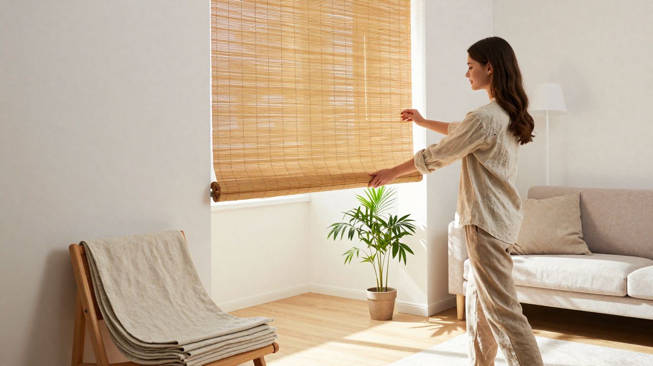 Mulher a abrir cortina de bambu em sala de estar com cadeira, sofá e planta perto da janela.