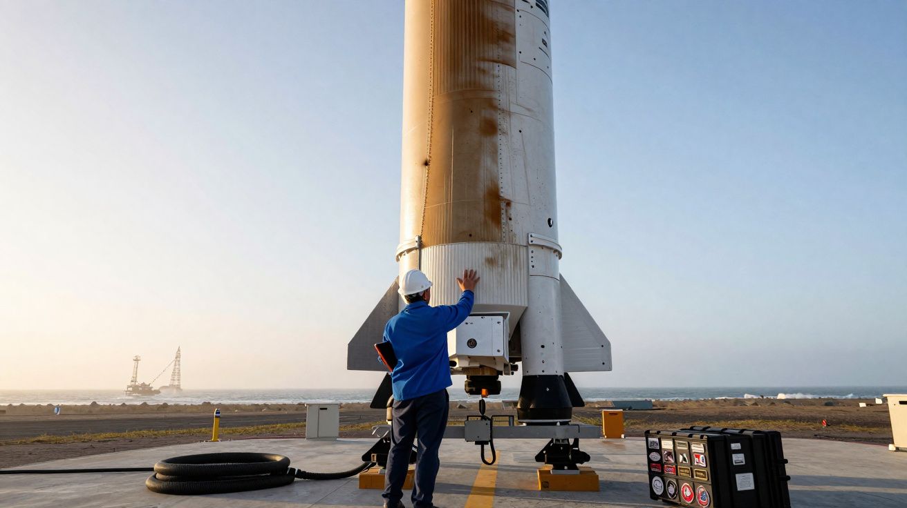 Técnico com capacete e fato azul encosta na base de um foguetão na plataforma junto ao mar ao amanhecer.