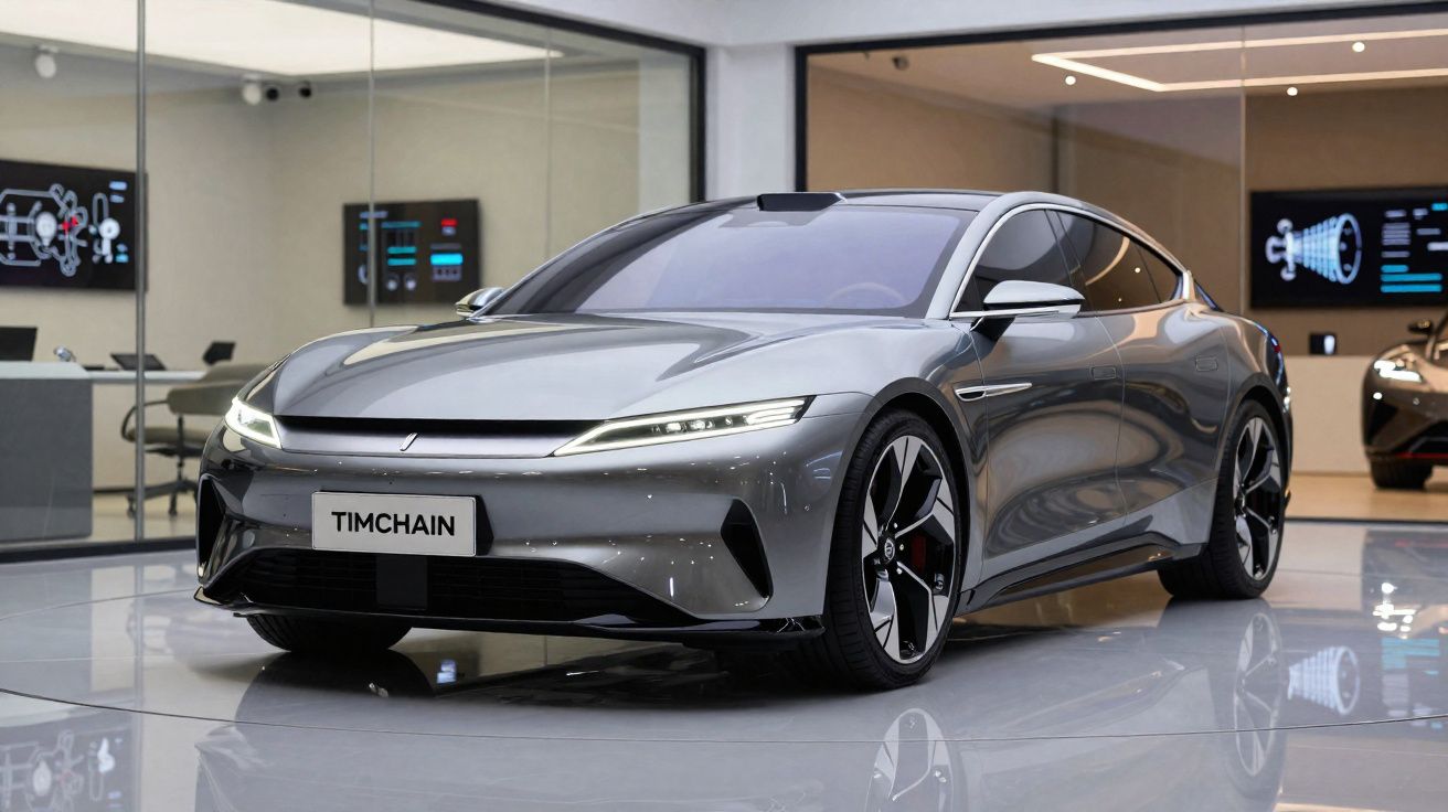 Carro desportivo elétrico cinzento estacionado num showroom moderno com chão refletor.