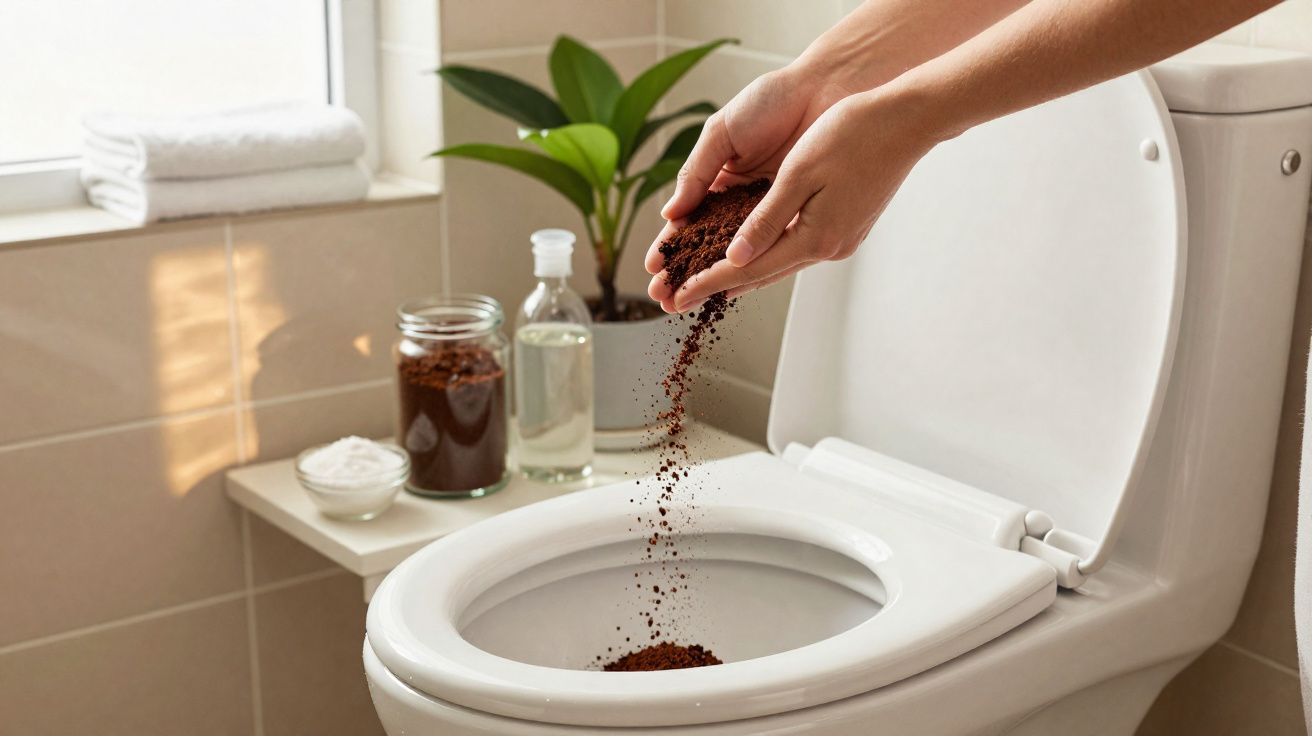 Mãos a deitar borra de café numa sanita branca, com produtos de limpeza e planta ao fundo.