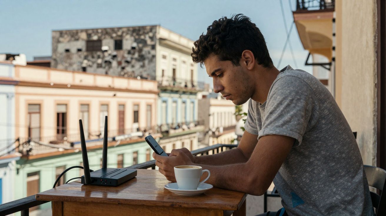 Homem sentado numa varanda com uma chávena de café e um router, a usar o telemóvel.