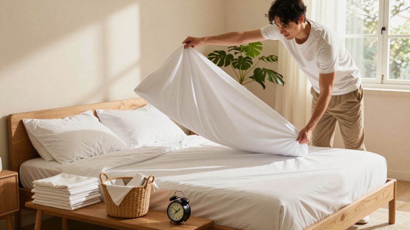 Homem a estender um lençol branco numa cama em quarto iluminado com almofadas e toalhas arrumadas.