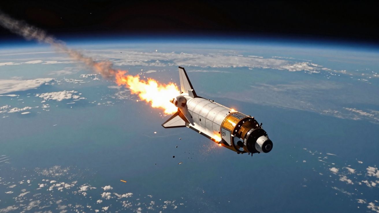 Nave espacial em chamas a reentrar na atmosfera terrestre com o planeta azul e nuvens ao fundo.