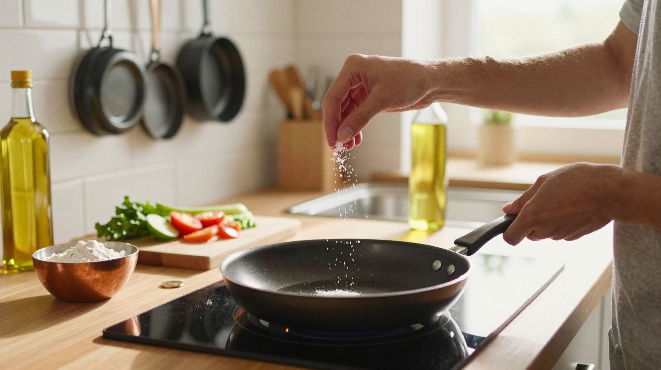 Pessoa a temperar uma frigideira com sal numa cozinha moderna, com legumes e azeite ao fundo.