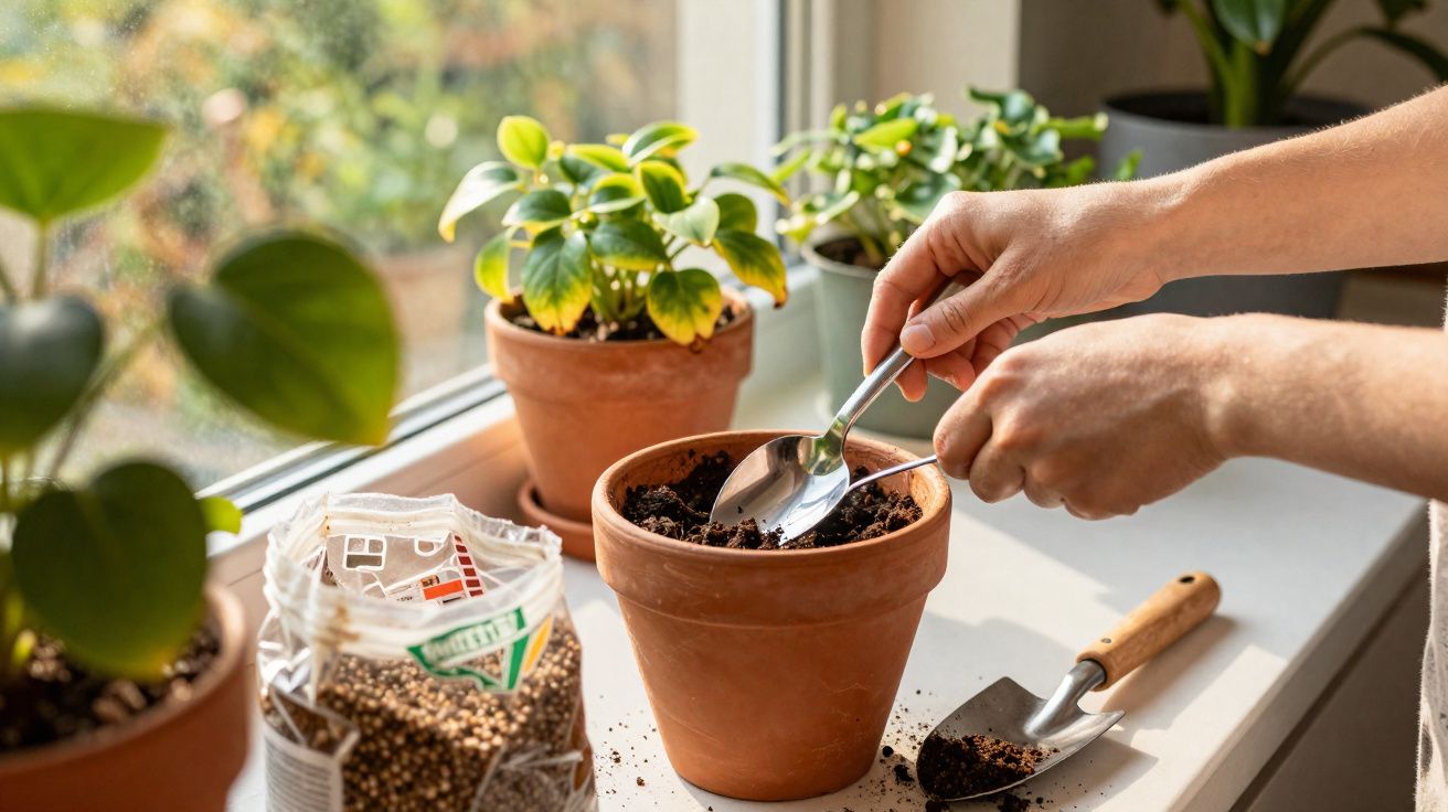 Mãos femininas a semear terra num vaso de barro junto a janela, com vasos e sementes ao redor.