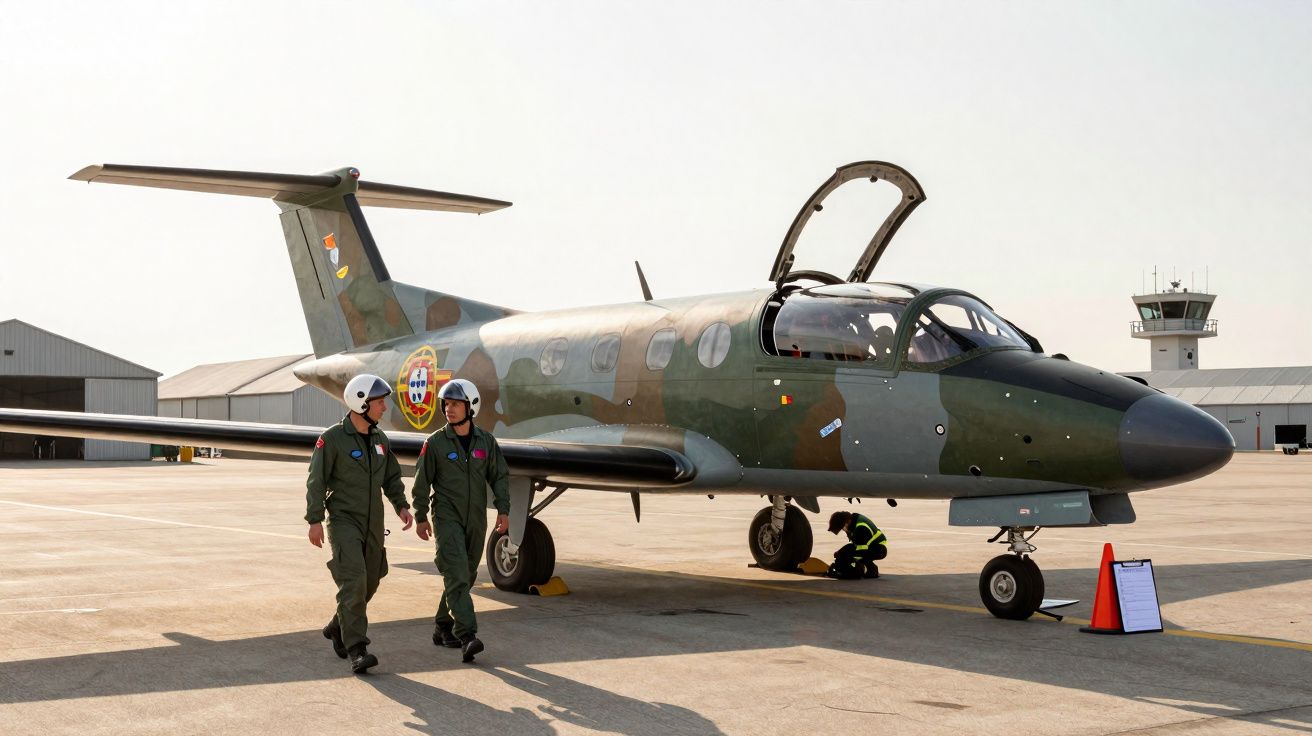 Avião militar camuflado no solo com dois pilotos de fato verde e capacete, em ambiente de aeroporto.