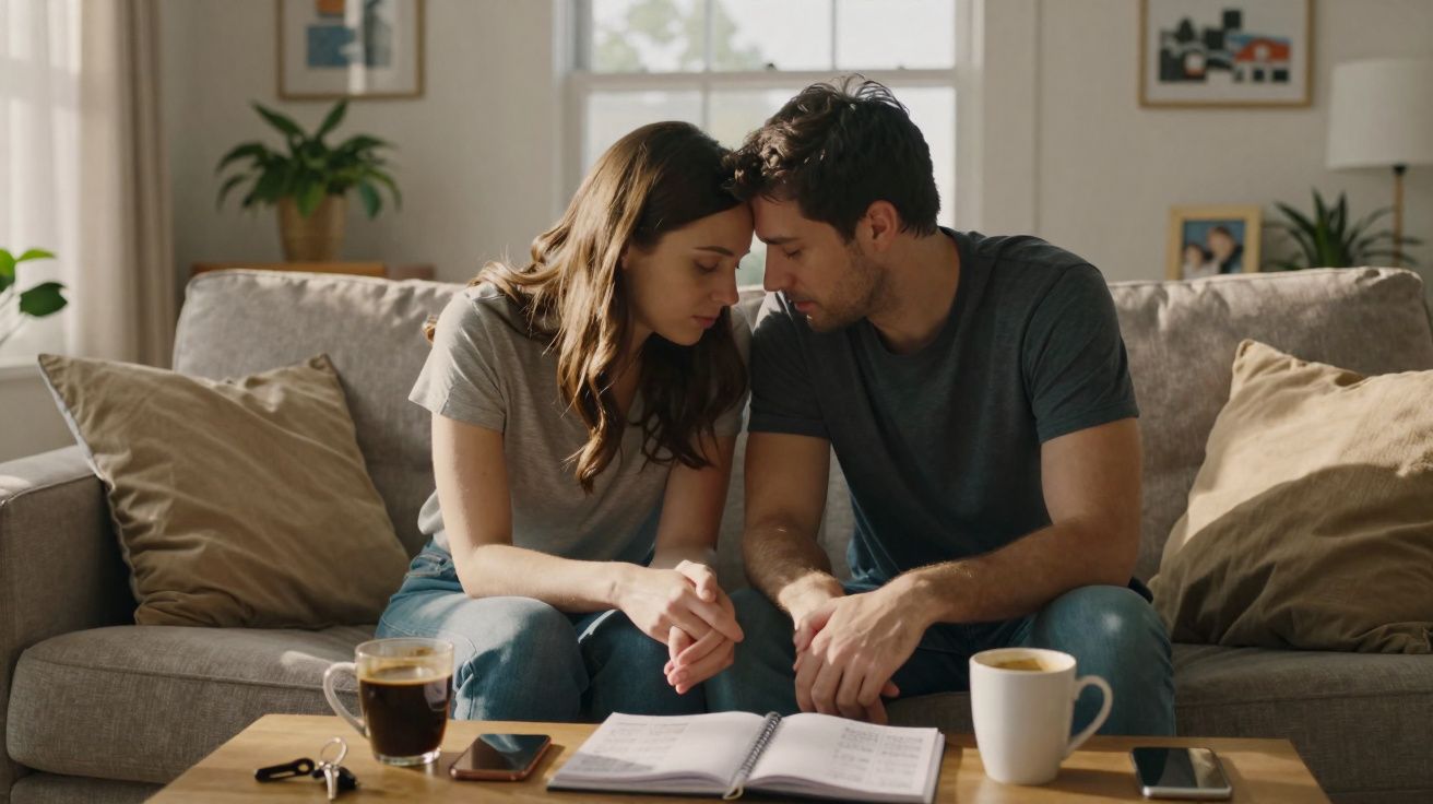 Casal sentado no sofá juntos, olhando para um caderno sobre a mesa de centro com chávenas e telemóveis.