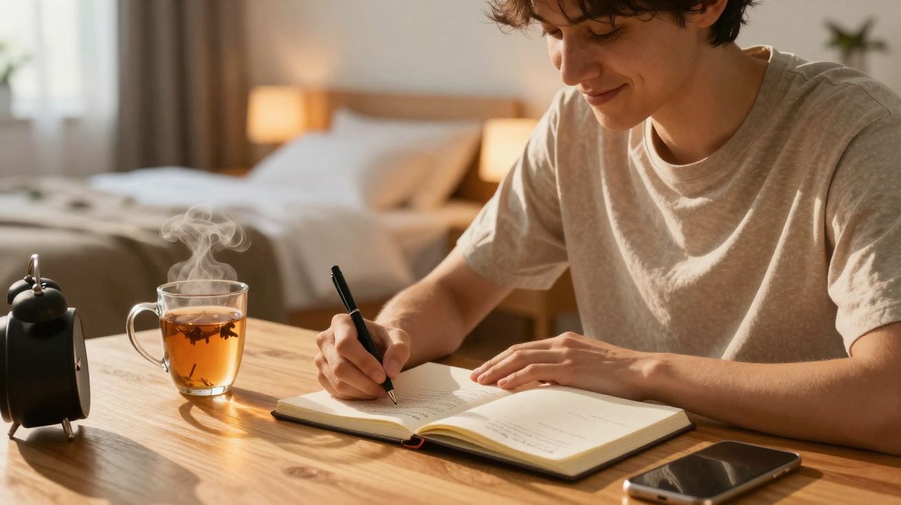 Pessoa jovem a escrever num caderno à mesa com chá quente e telemóvel, num quarto acolhedor e iluminado.