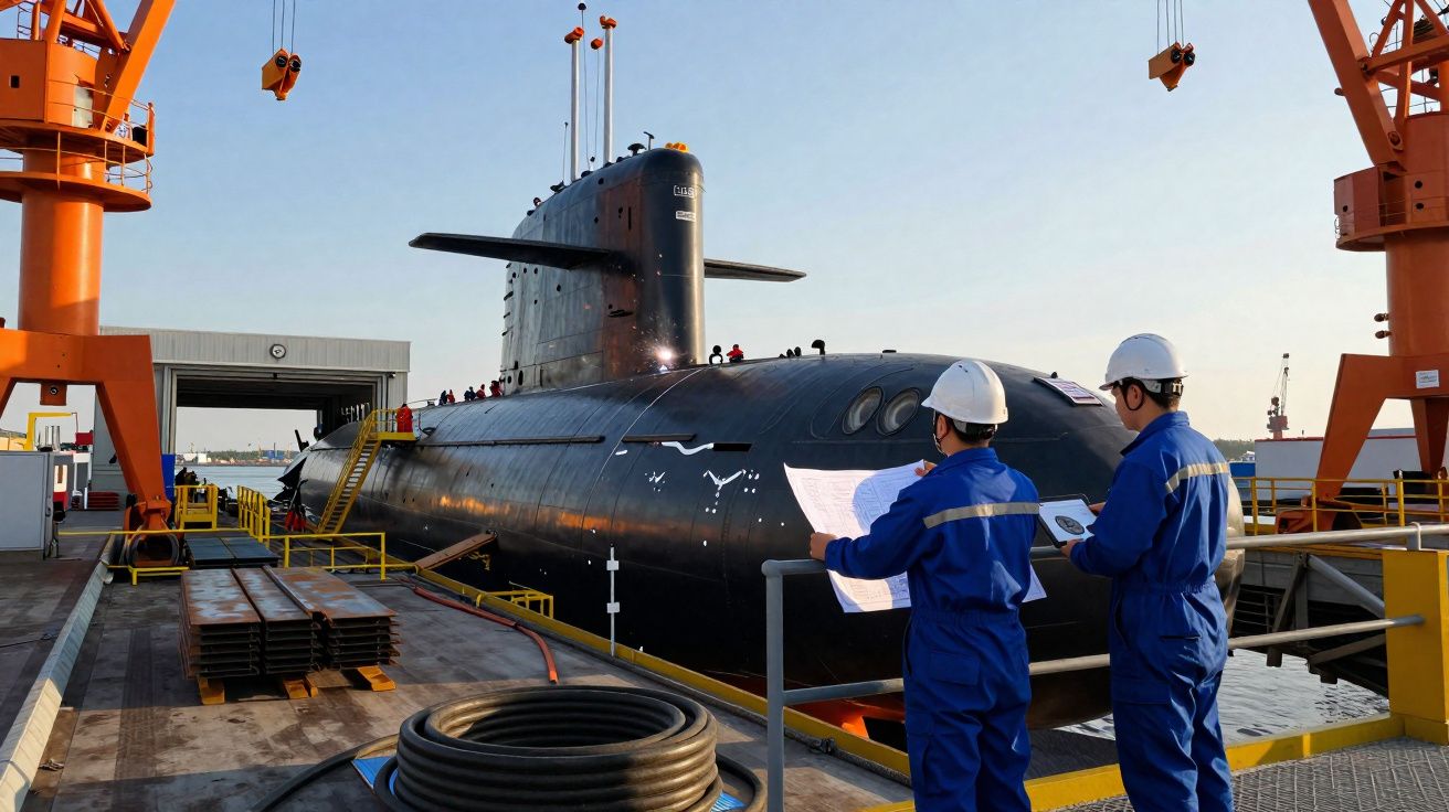 Dois trabalhadores em capacetes e fato azul observam um submarino preto em doca seca industrial.