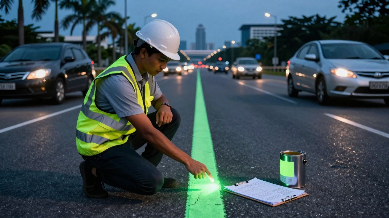 Homem com capacete e colete reflectente pinta linha verde fluorescente numa estrada à noite.