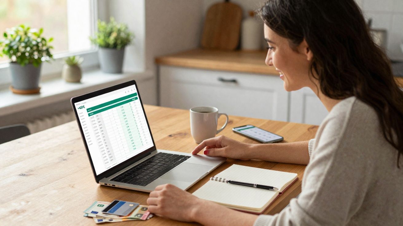 Mulher a analisar gráficos financeiros num portátil, com caderno, caneta e cartões na mesa de madeira.