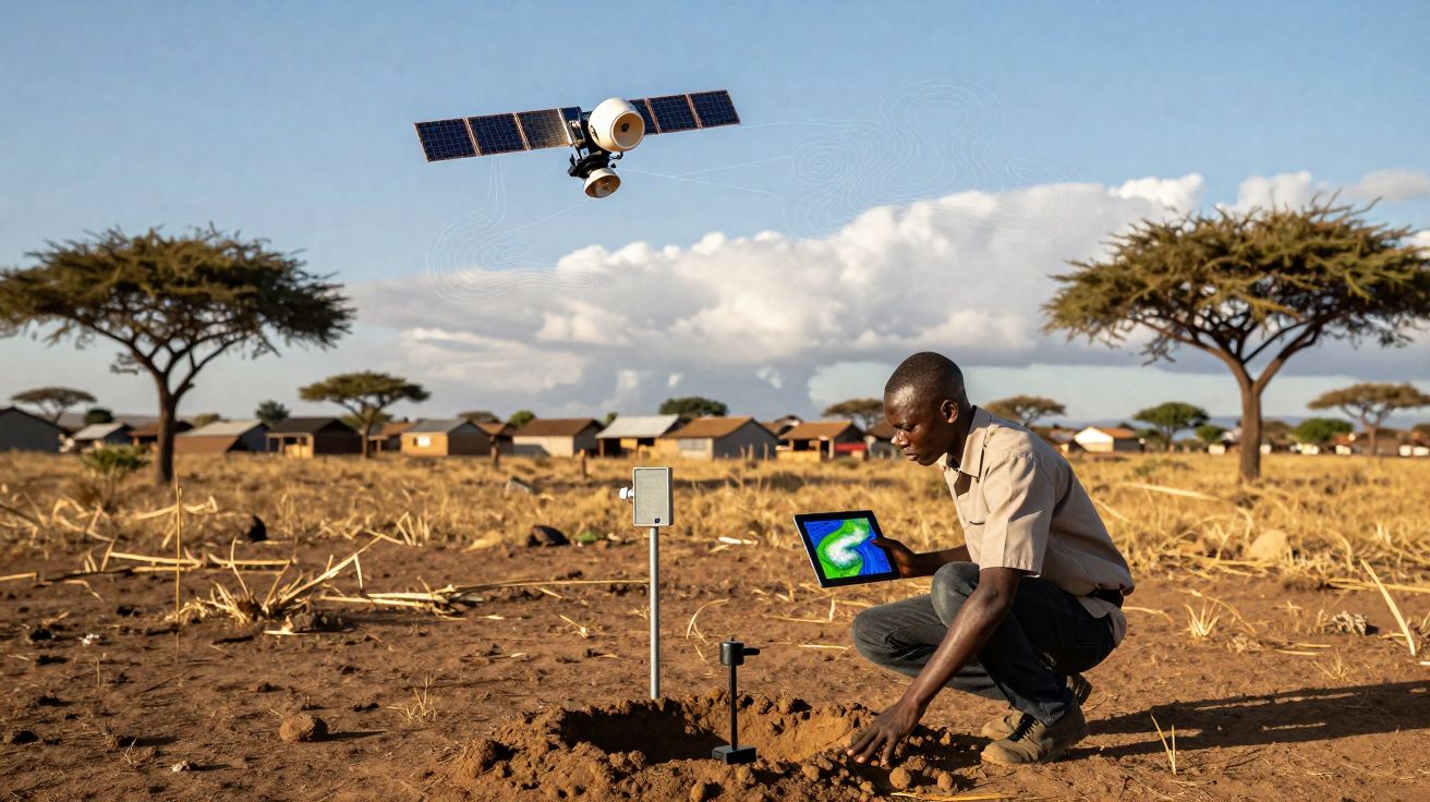 Homem utiliza tablet para monitorizar sensores no solo sob satélite num campo seco com árvores e casas ao fundo.