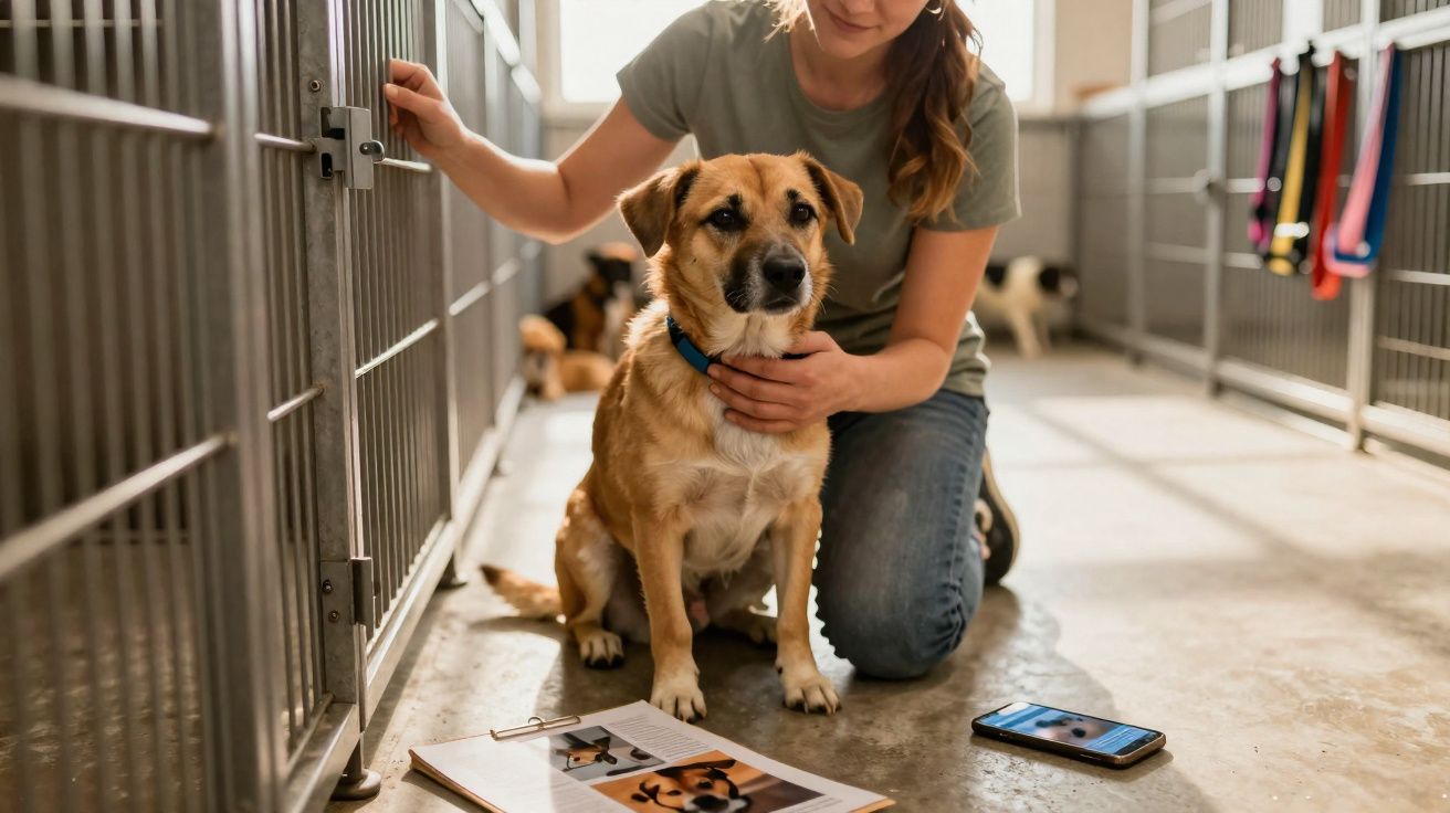 Mulher a confortar cão castanho numa instalação de abrigo animal com documentação no chão.
