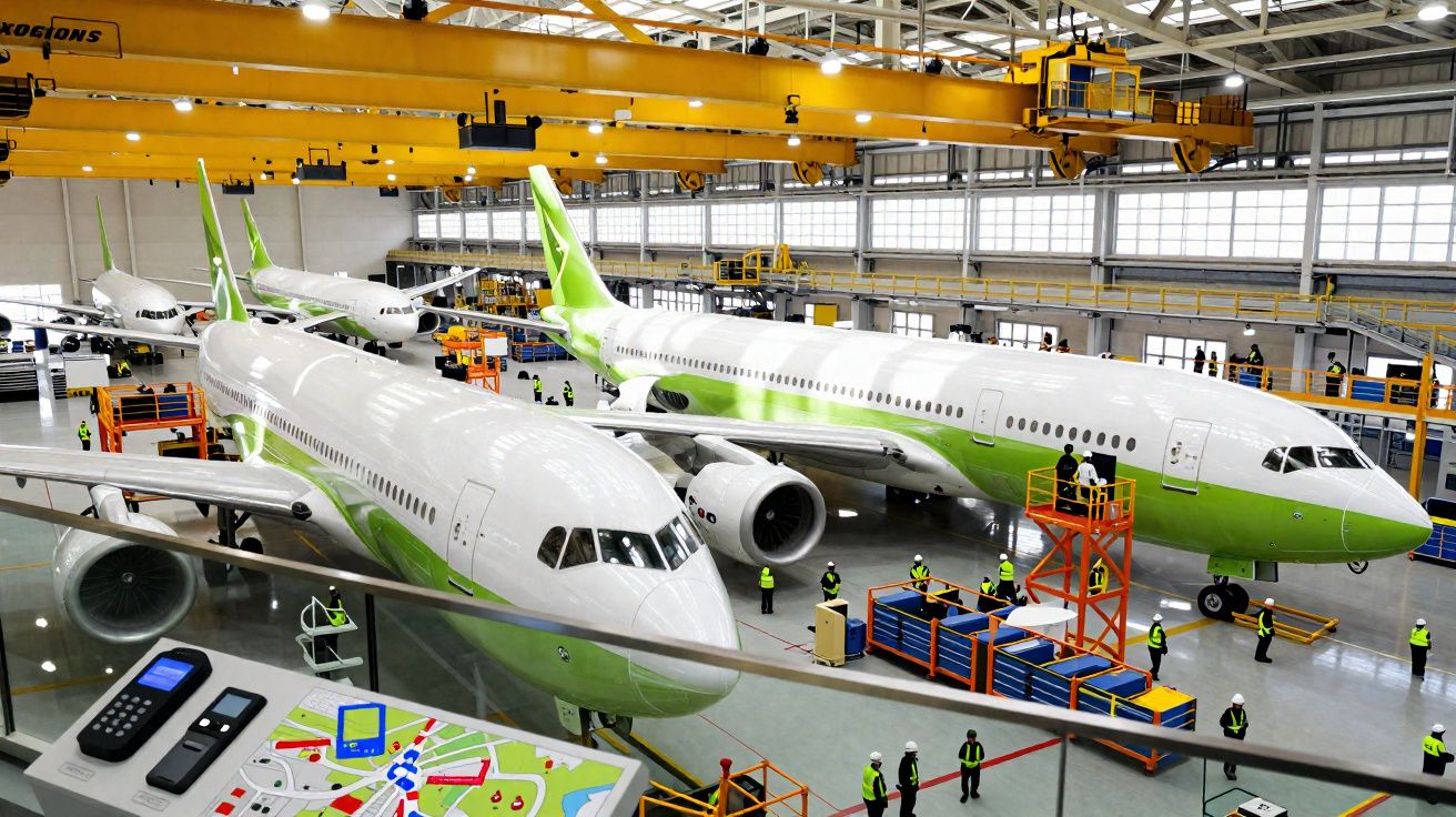 Interior de hangar com vários aviões brancos e verdes em manutenção e trabalhadores equipados de segurança.