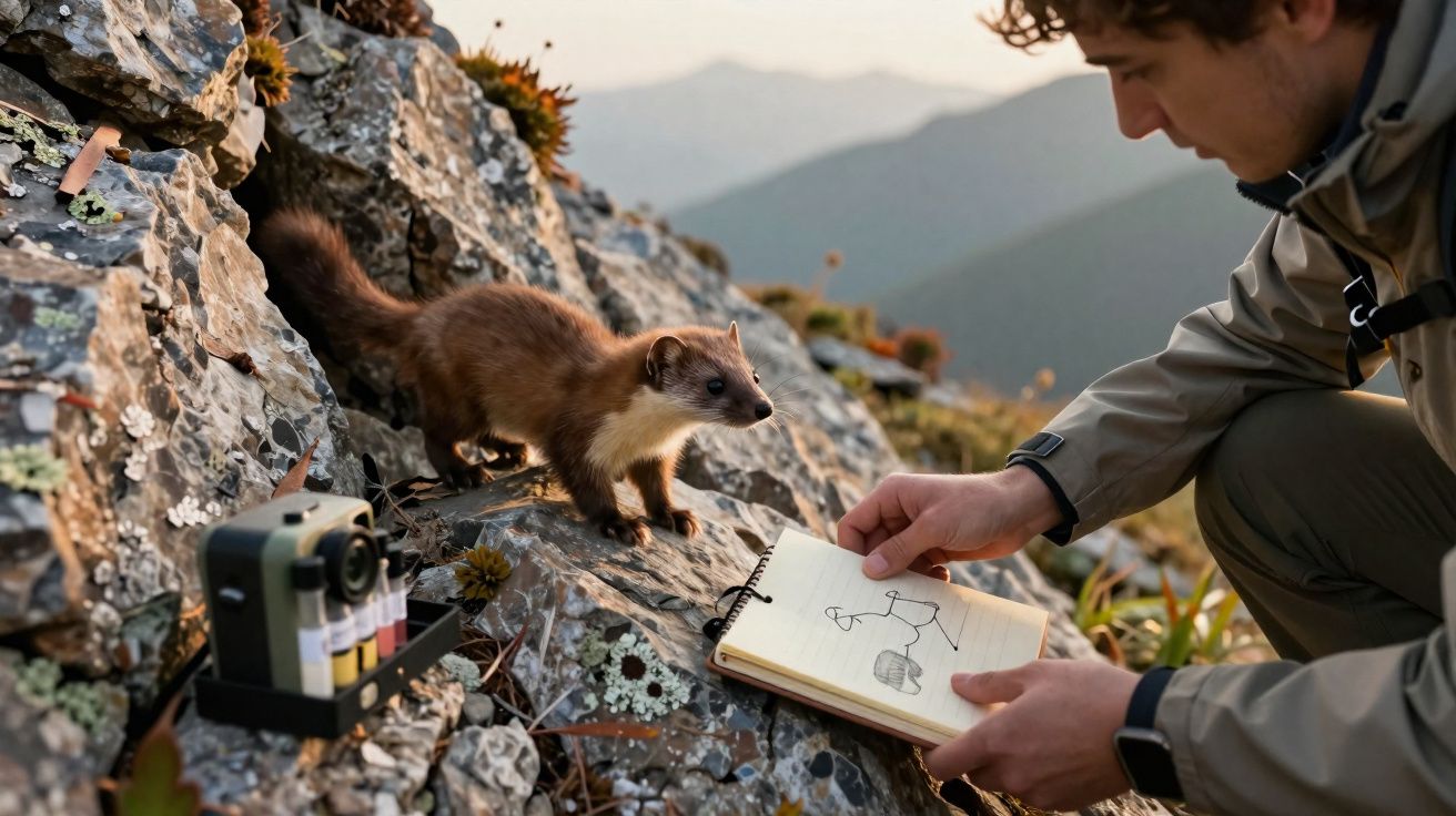 Homem ajoelhado com caderno aberto desenha animal pequeno sobre rochas na montanha ao amanhecer.