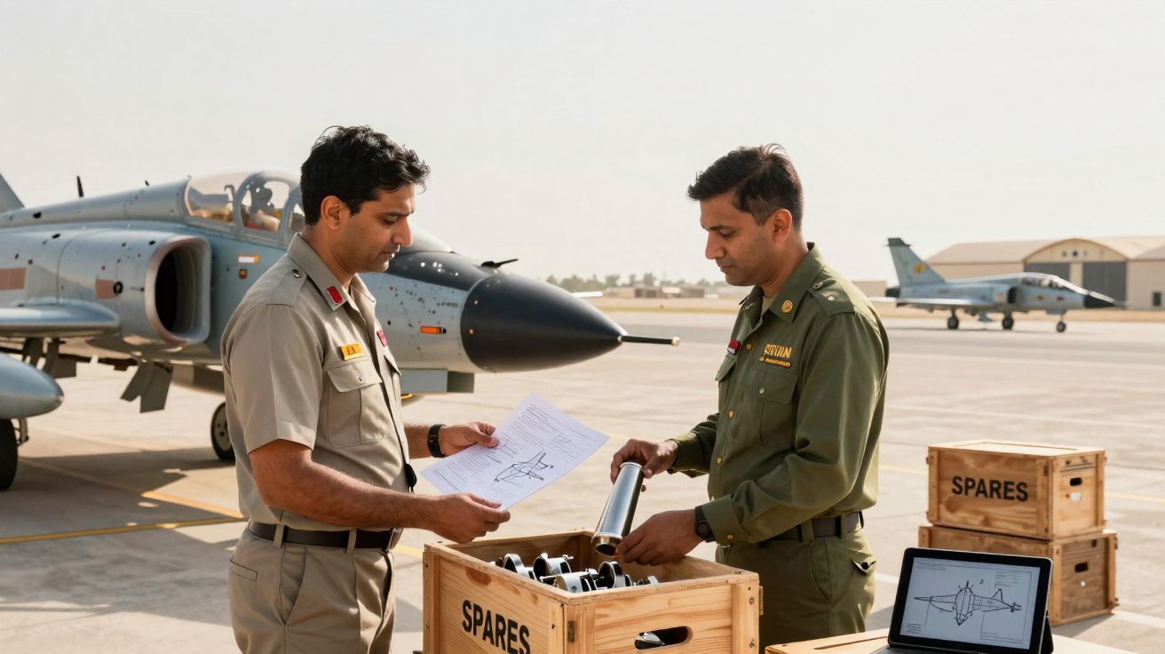Dois militares em uniforme analisam peças de avião junto a caixas de material sob um jato militar numa pista.