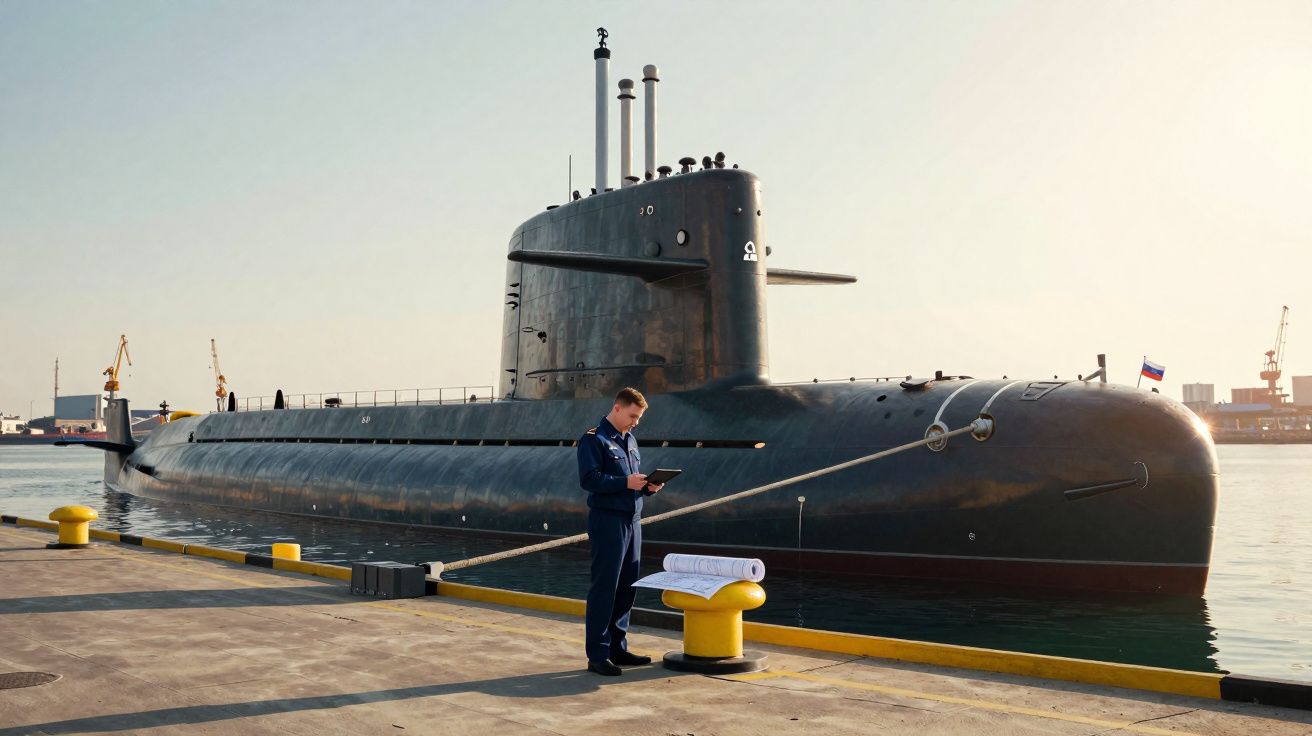 Submarino negro atracado num porto com um homem em uniforme azul a consultar documentos.