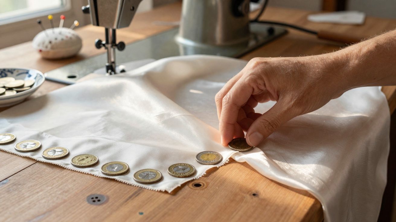 Mão a prender moedas na bainha de tecido branco com uma máquina de costura ao fundo numa mesa de madeira.