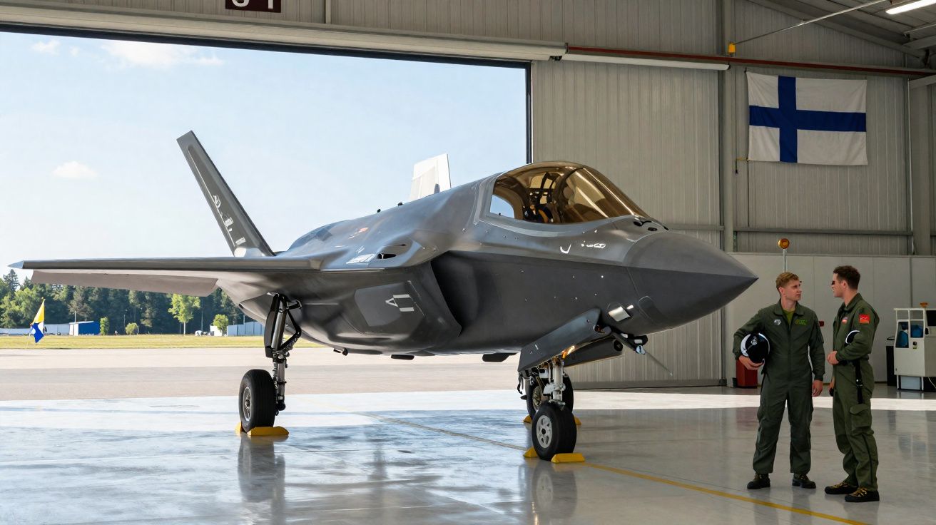 Caça furtivo cinzento estacionado dentro de hangar com dois pilotos de uniforme verde conversando.